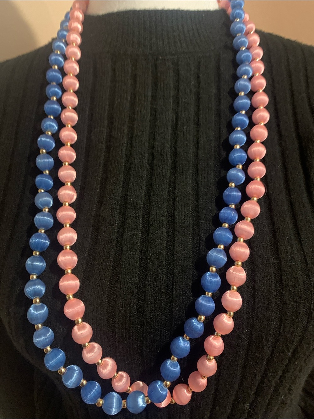 Vintage Satin Pink and Blue Beaded Necklaces
